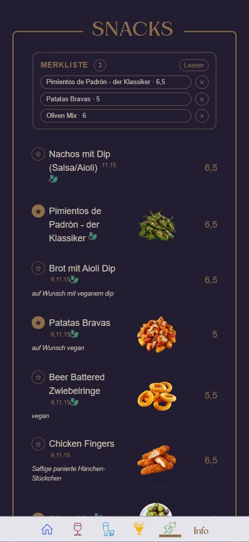 Casa Vazquez guest menu