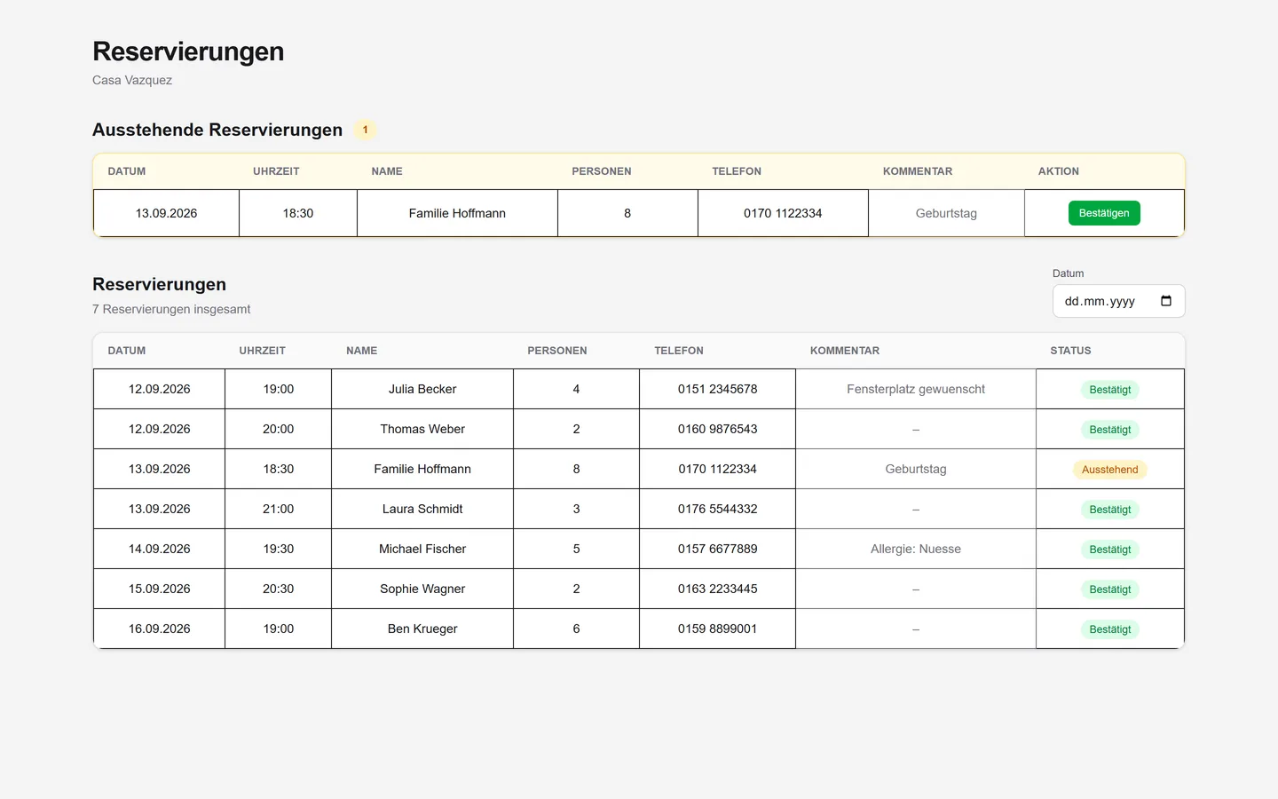 Casa AI Agent reservation dashboard